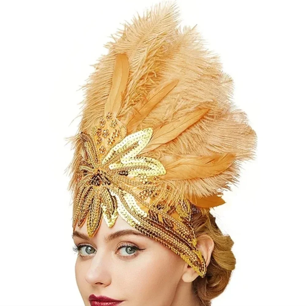 Babeyond Gold Sequin Costume Feathered Headband